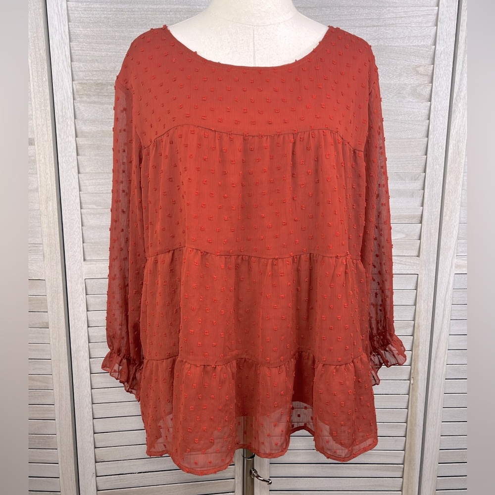 PRETTY GARDEN Swiss Dot Flounce Hem Blouse Rust-XL